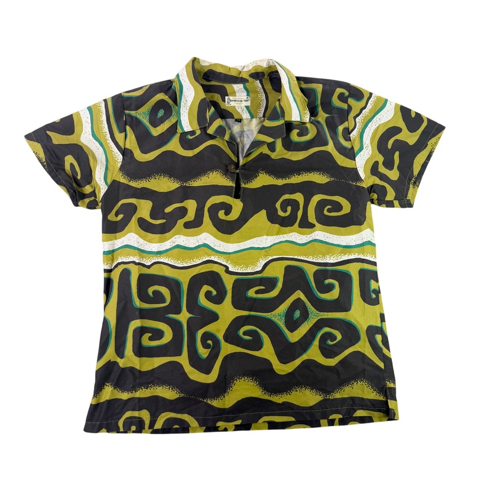 Dawn Frasier Sophista-Tiki Togs Shirt Mens M Green Tribal Abstract Handmade MCM